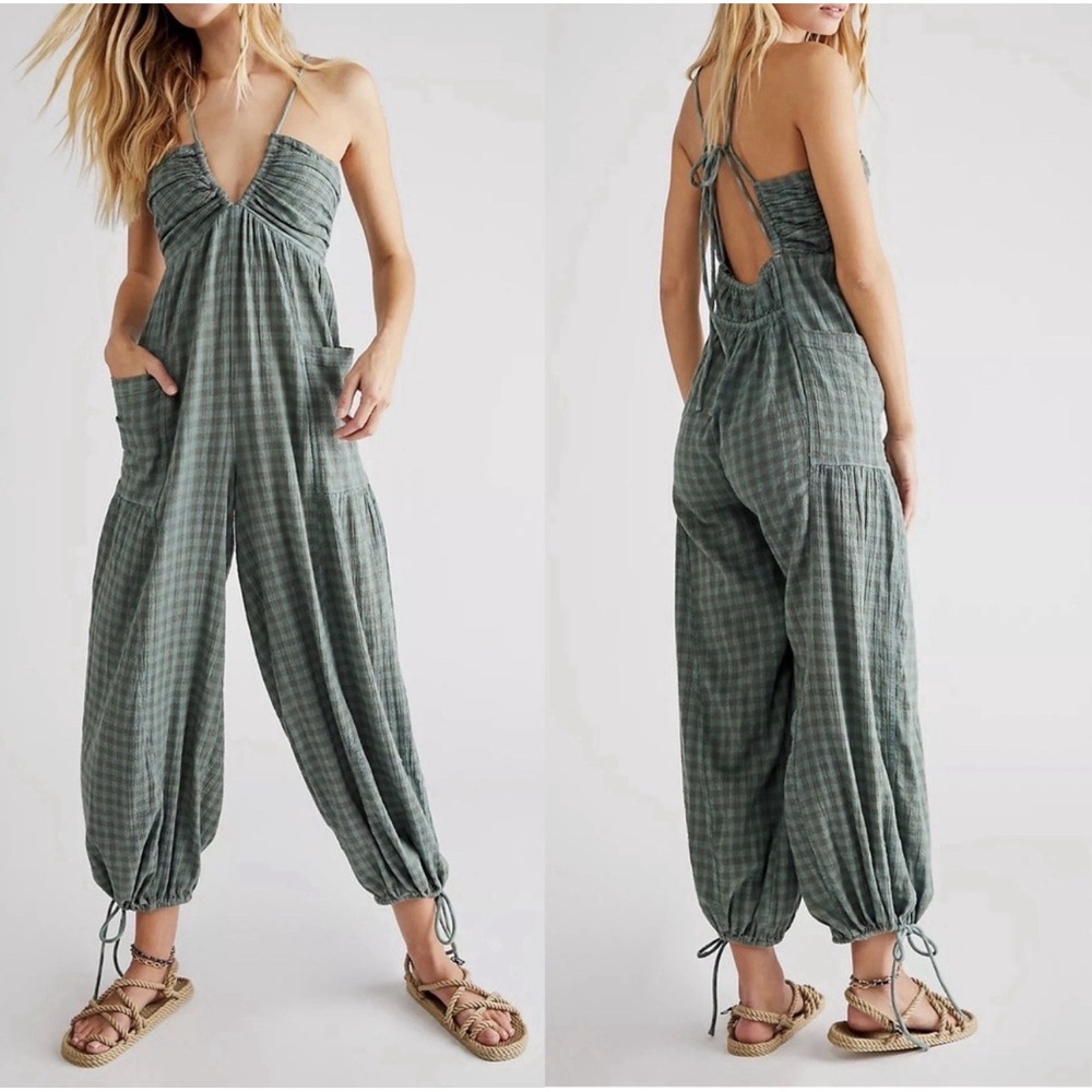 Free People Olive Green Gingham Halter Jumpsuit